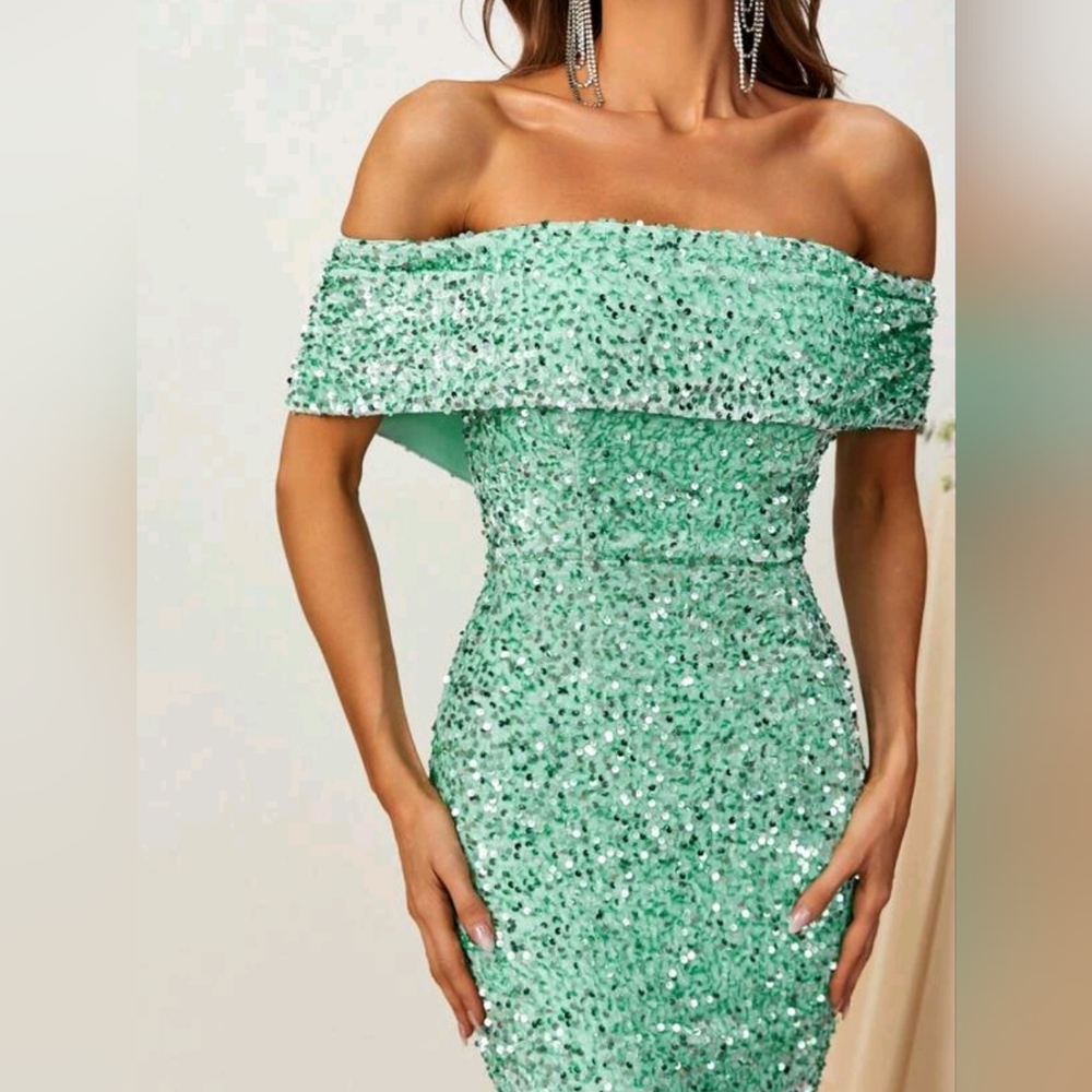 Luxe Sequin Velvet Off Shoulder Dress Mermaid Maxi Light Green - Picture 6 of 9